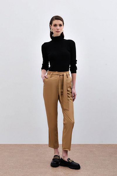 Sateen Belted Leather Trousers - Beige
