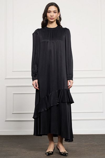 Nuss Black Flounced Cupra Fabric Dress 2052