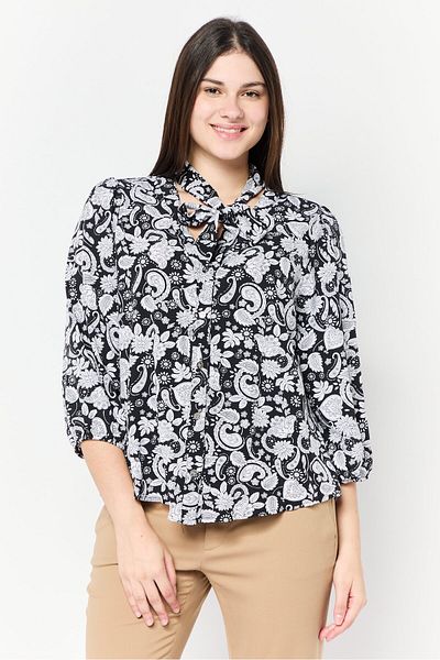 Adrienne Vittadini Women Tie Neck Allover Printed Top, Black/white