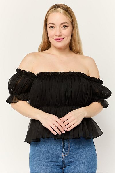 Steve Madden Women Off Shoulder Short Sleeves Textured Blouse, Black