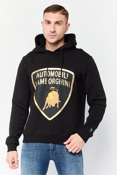 Lamborghini Men Brand Logo Long Sleeves Hooded Sweatshirt, Black