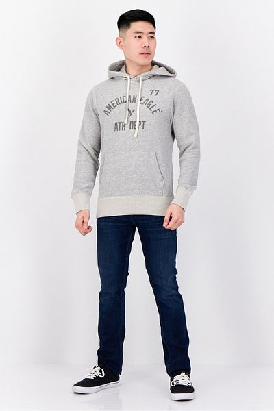AMERICAN EAGLE Men Brand Logo Long Sleeve Hoodie, Grey