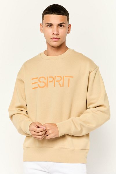 Esprit Men Ribbed Collar Long Sleeves Brand Logo Sweatshirts, Tan