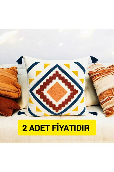 LUWİNO HOME Punch Colorful Geometric Pattern Pompom Throw Pillow 43X43 cm