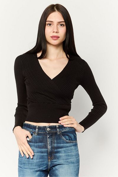 No Comment Women Surplice Neck Knitted Sweater, Black