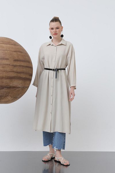 Loreen Women's Long Belt Detailed Shirt Dress - 20629Elb - Beige