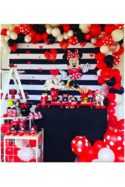 Çemrek Süs Parti Kırmızı Puanlı Balonlu Beyaz Sİyah Kırmızı Minnie Konsept Ba...