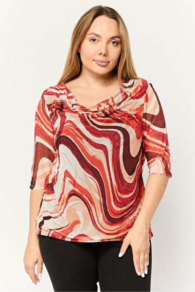 CYRUS Women Cowl Neck Short Sleeves Printed Blouse, Multicolor