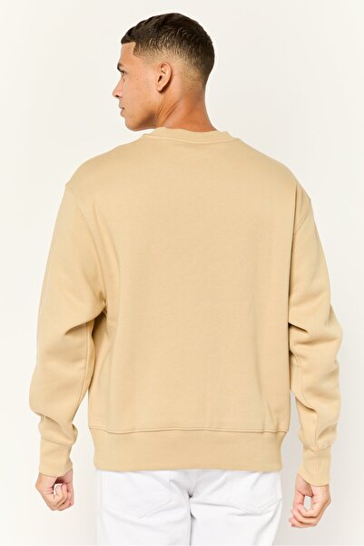 Esprit Men Ribbed Collar Long Sleeves Brand Logo Sweatshirts, Tan