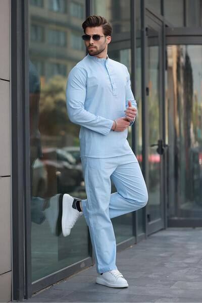 Madmext Blue 100% Cotton Linen Men's Shirt Suit E7310