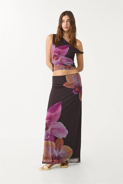 Stradivarius Printed tulle midi skirt