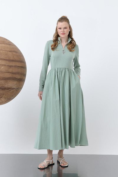 Loreen Women's Waist Gathered Collar Zipper Detailed Dress - 20607Elb - Almond Green