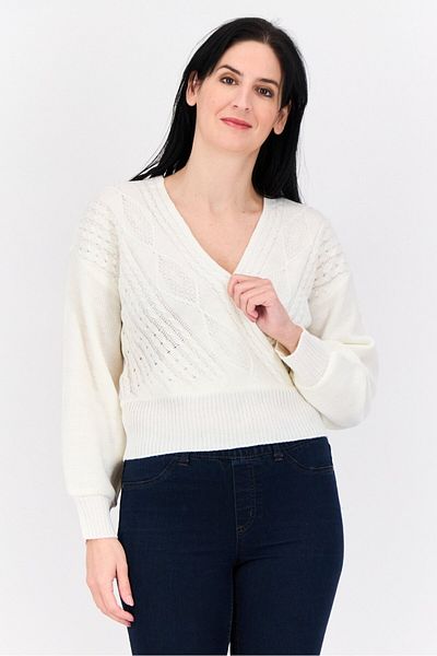 No Comment Women Surplice Neck Knitted Sweaters, Off White
