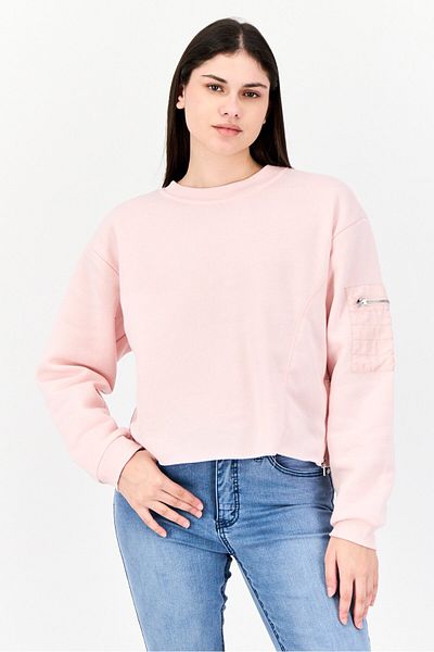 No Comment Women Crew Neck Solid Long Sleeves Sweatshirt, Pink