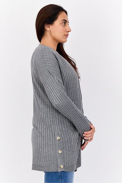 PİNK ROSE Women Split Neck Stripe Cardigans, Heather Grey