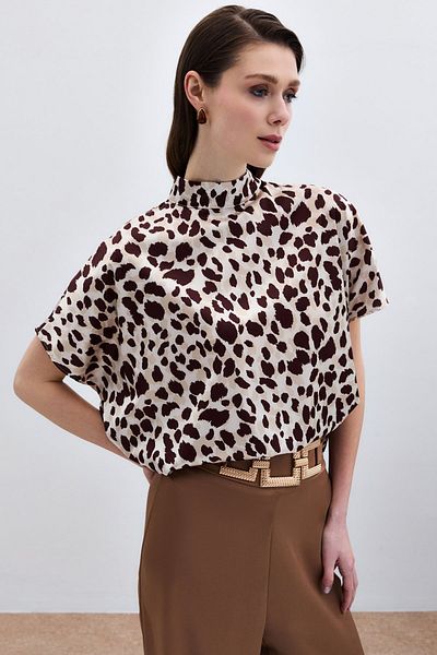 Sateen Beige-Brown Bat Sleeve Loose Blouse
