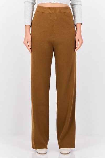Esprit Women Regular Fit Ribbed Wide Leg Pants, Brown