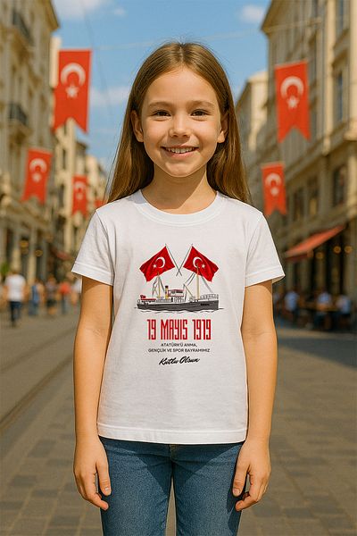 MYADA 19 May Special Bandırma Steamer and Turkish Flag Printed Children's T-Shirt 23588