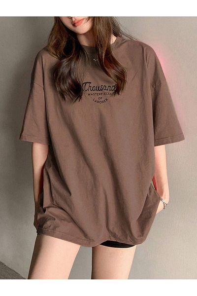 DUBU BUTİK T-Shirt - Καφέ - Oversize