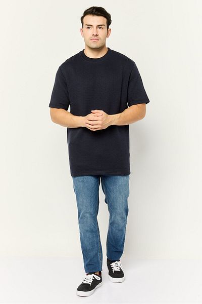 Threadbare Men Ribbed Neck Short Sleeves Herringbone T-shirt, Navy