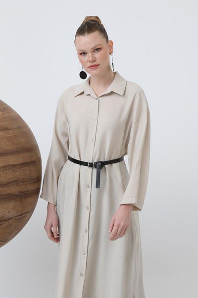 Loreen Women's Long Belt Detailed Shirt Dress - 20629Elb - Beige