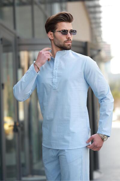 Madmext Blue 100% Cotton Linen Men's Shirt Suit E7310