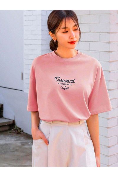 VBSVİBES Tricou Thousand Single Jersey - Tricou oversize cu mânecă scurtă cu decolteu rotund cu imprimeu roz