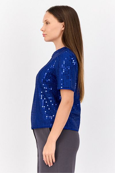 Esprit Women Crew Neck Short Sleeves Sequin Shirt, Blue
