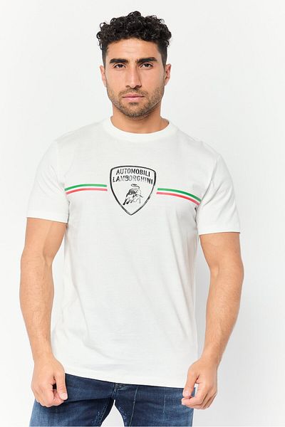 Lamborghini Men Crew Neck Short Sleeves Brand Logo T-shirt, White