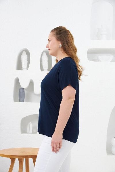 RMG V-Neck Tulle and Stone Detailed Large Size T-Shirt Navy Blue