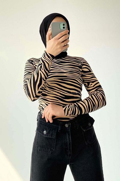lamelif Σώμα με σχέδιο Zebra - Μισό ζιβάγκο - Καφές με γάλα