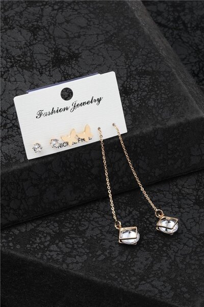 staınless steel Gold Color Figured & Stone Earrings Set - Butterfly, Solitaire & Chain Cubic Crystal Detail