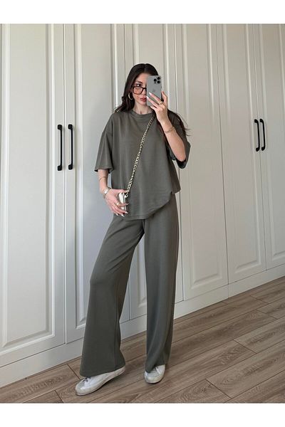 manana fashion Set de trening de calitate premium din țesătură modal kaki, cu decolteu oversize, cu mânecă scurtă
