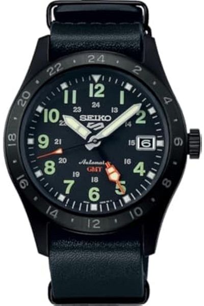 Seiko 5 Sports Field GMT SSK025K1 Automatic Men's Watch Black Dial, Black Leather Strap, 39.4mm