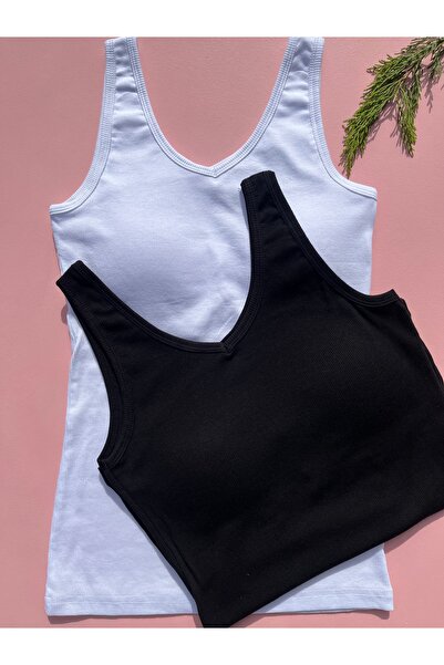 LEYNA BUTİK قميص داخلي نسائي بحزام عريض ووسادة ثابتة - Thsirt، أسود وأبيض