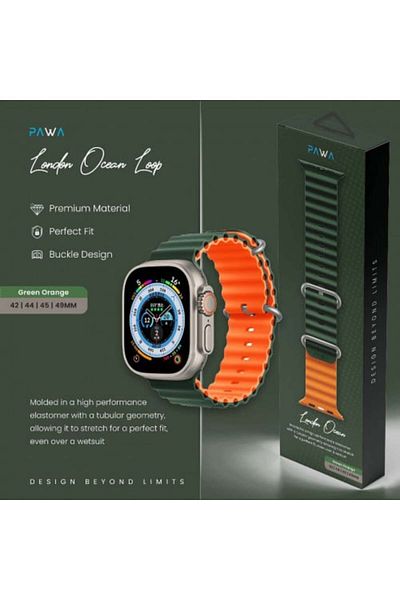 Pawa -London Ocean Apple Watch Silicone Band Compatible with 42/44/45/49 mm Green and Orange