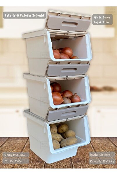 Jet's Home 3'lü Tekerlekli Patateslik Soğanlık Erzak Kutusu Oyuncaklık Sebzelik Beyaz Krem Motek 36 Lt