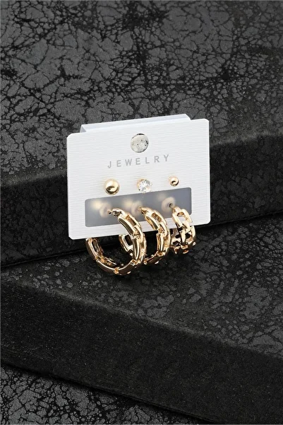 staınless steel Gold Color 6-Piece Earring Set - Circle Model with Ball, Stone and Chain Detail