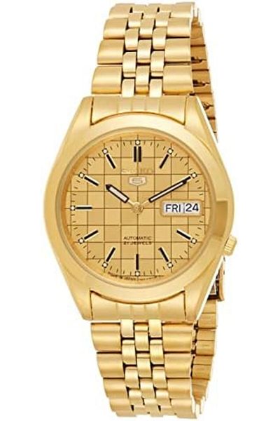 Seiko 5 SNKC08J1 Automatic Men's Watch Gold Dial, Gold-Tone Bracelet, 37mm, Day-Date Display