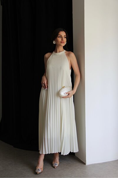 Julidress Halter Neckline Long Length Premium Pleated White Dress