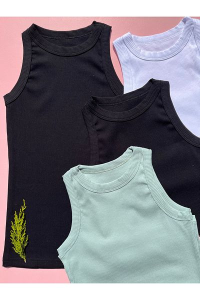 LEYNA BUTİK Halter Collar Cotton Premium Texture Camisole 4-Pack Knitted Women's T-Shirt Undershirt (2 Black, 1 White, 1 Green)