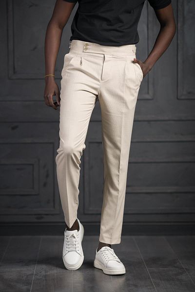 PERPANT Slimfit Double Pleated Belt Buckle Summer Fabric Trousers