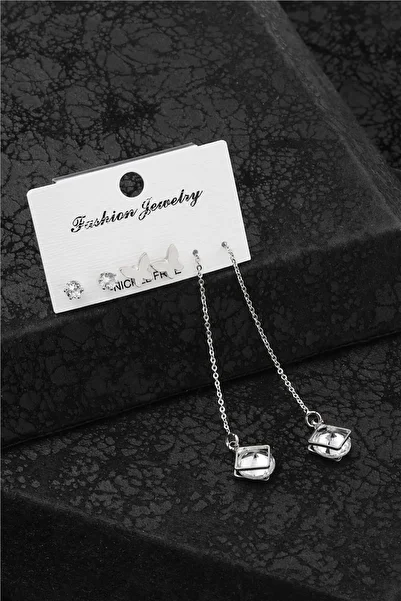 staınless steel Silver Color Figured and Stone Earrings Set - Cube Crystal Detail with Star, Butterfly and Chain
