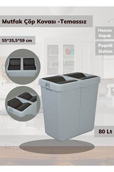 Jet's Home Mutfak Çöp Kovası 80 Lt Temassız Hijyenik Çöp Kovası Gri Motek Çöp...