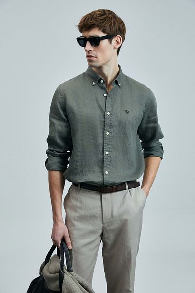 Lufian 111010630   Pitaya Λινό Πουκάμισο Comfort Fit Ανδρικό Πουκάμισο Χακί