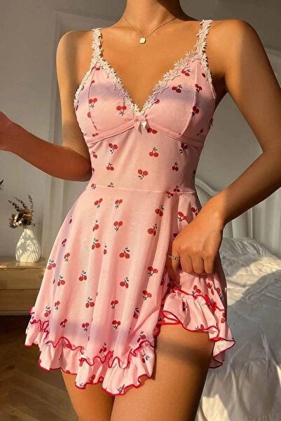 RoseOfNuit Kiraz Desenli Fırfırlı Omuz Dantel Detaylı Gecelik Elbise