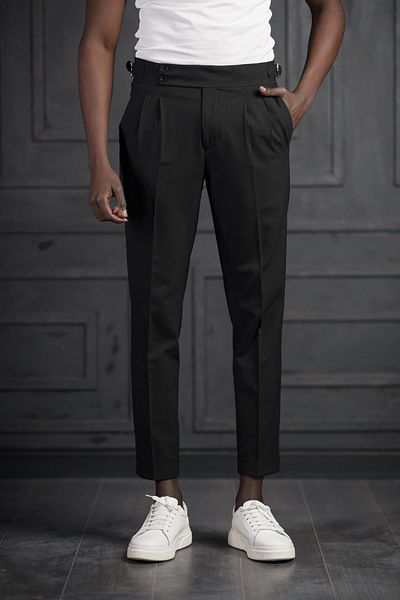 PERPANT Slimfit Double Pleated Belt Buckle Summer Fabric Trousers