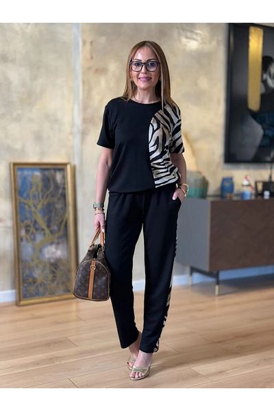 ÖZZYFASHION Women's Short Sleeve Zebra Print Large Size Blouse Pants Set of Two