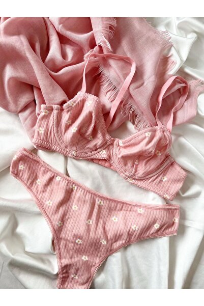 blackstrip Pink Flower Modal Kumaş Bralet ve Brazilian Külot Takımı