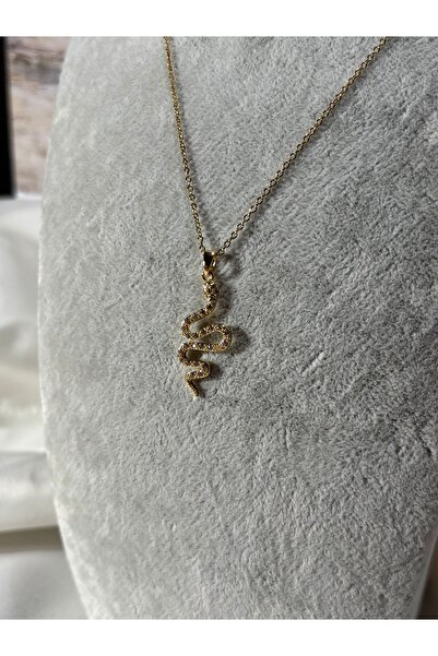 Uzak Işıklar Snake Figured Zircon Stone Gold Steel Necklace
